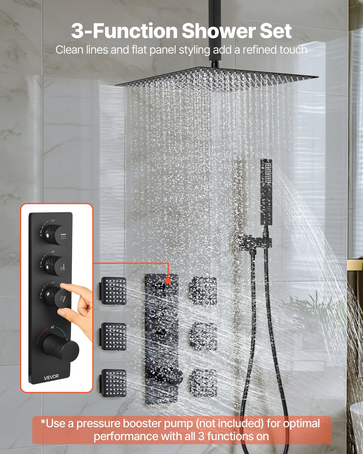 Shower Faucet Set, 16 Inch Thermostatic Ceiling Mount Rainfall Shower System with 6 Body Jets and Handheld Spray, Rotatable 3-Function Rain Head Complete Brass Valve and Trim Kit, Matte Black