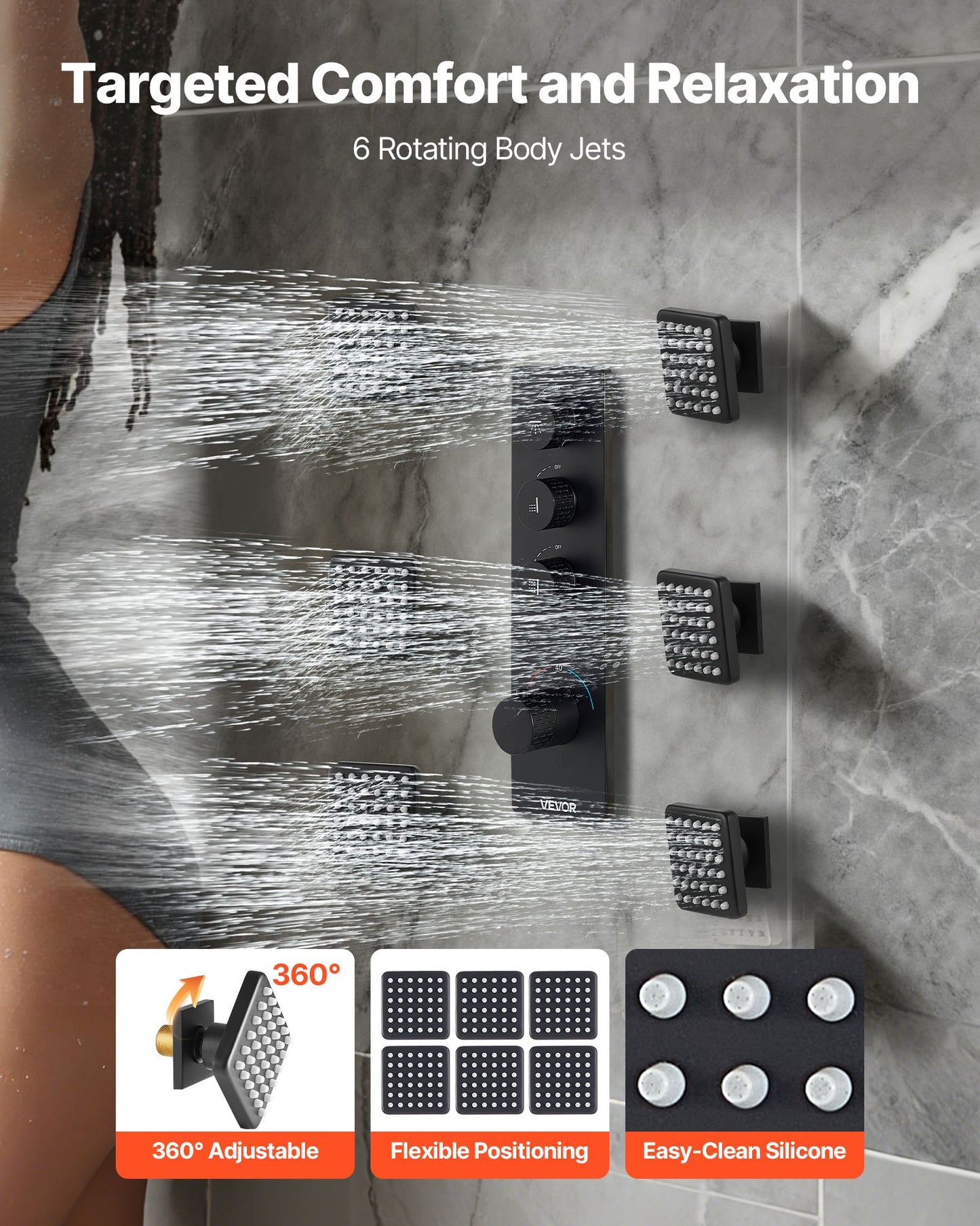 Shower Faucet Set, 16 Inch Thermostatic Ceiling Mount Rainfall Shower System with 6 Body Jets and Handheld Spray, Rotatable 3-Function Rain Head Complete Brass Valve and Trim Kit, Matte Black