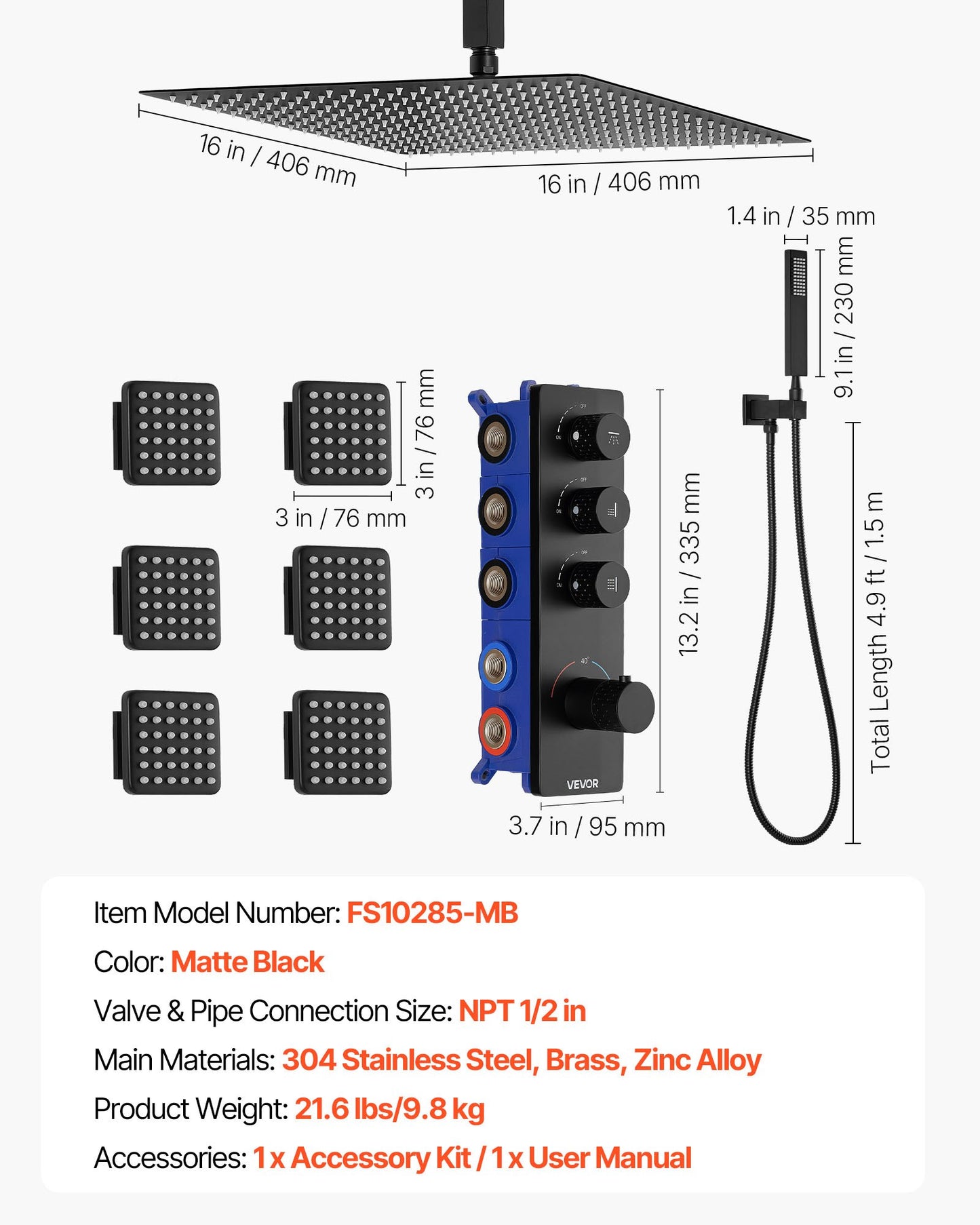 Shower Faucet Set, 16 Inch Thermostatic Ceiling Mount Rainfall Shower System with 6 Body Jets and Handheld Spray, Rotatable 3-Function Rain Head Complete Brass Valve and Trim Kit, Matte Black