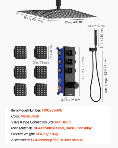 Shower Faucet Set, 16 Inch Thermostatic Ceiling Mount Rainfall Shower System with 6 Body Jets and Handheld Spray, Rotatable 3-Function Rain Head Complete Brass Valve and Trim Kit, Matte Black