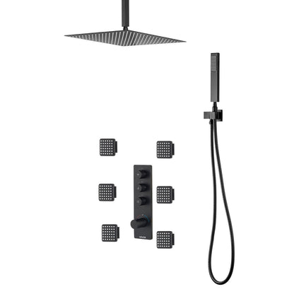 Shower Faucet Set, 16 Inch Thermostatic Ceiling Mount Rainfall Shower System with 6 Body Jets and Handheld Spray, Rotatable 3-Function Rain Head Complete Brass Valve and Trim Kit, Matte Black