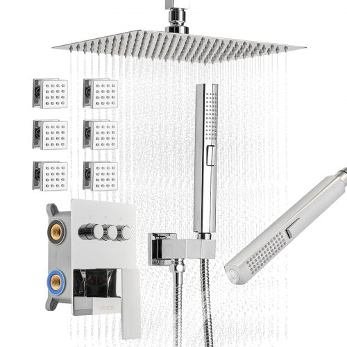 Shower Faucet Set, 10 Inch Ceiling Mount Rainfall Shower System with 6 Body Jets and 2 in 1 Handheld Spray, Rotatable 3-Function Rain Head System Set, Complete Brass Valve and Trim Kit, Chrome
