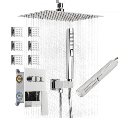 Shower Faucet Set, 10 Inch Ceiling Mount Rainfall Shower System with 6 Body Jets and 2 in 1 Handheld Spray, Rotatable 3-Function Rain Head System Set, Complete Brass Valve and Trim Kit, Chrome