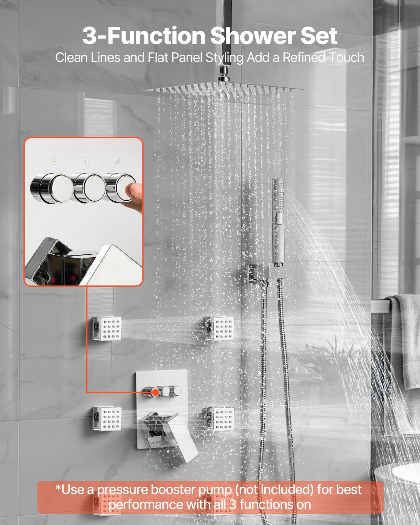 Shower Faucet Set, 10 Inch Ceiling Mount Rainfall Shower System with 6 Body Jets and 2 in 1 Handheld Spray, Rotatable 3-Function Rain Head System Set, Complete Brass Valve and Trim Kit, Chrome