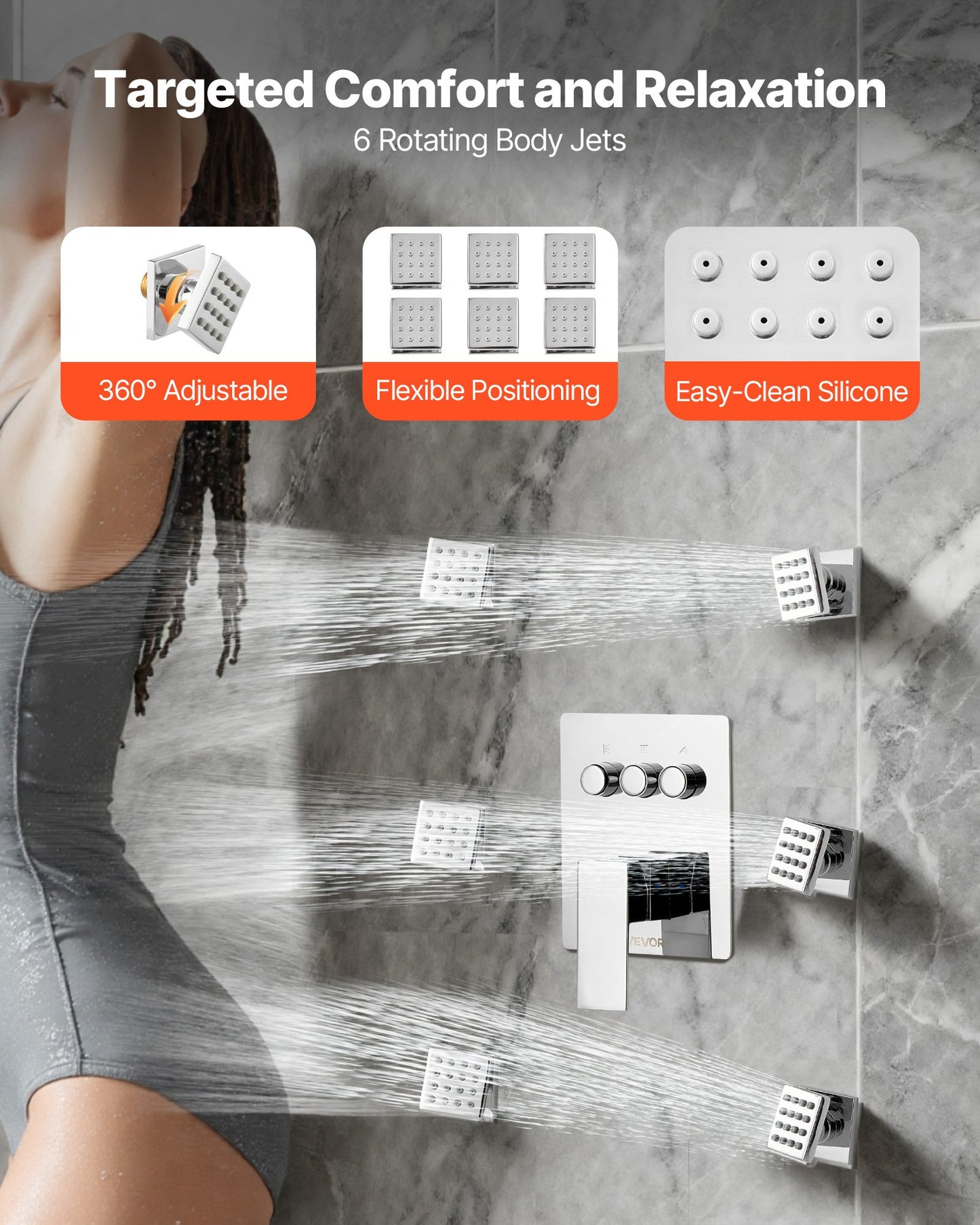 Shower Faucet Set, 10 Inch Ceiling Mount Rainfall Shower System with 6 Body Jets and 2 in 1 Handheld Spray, Rotatable 3-Function Rain Head System Set, Complete Brass Valve and Trim Kit, Chrome