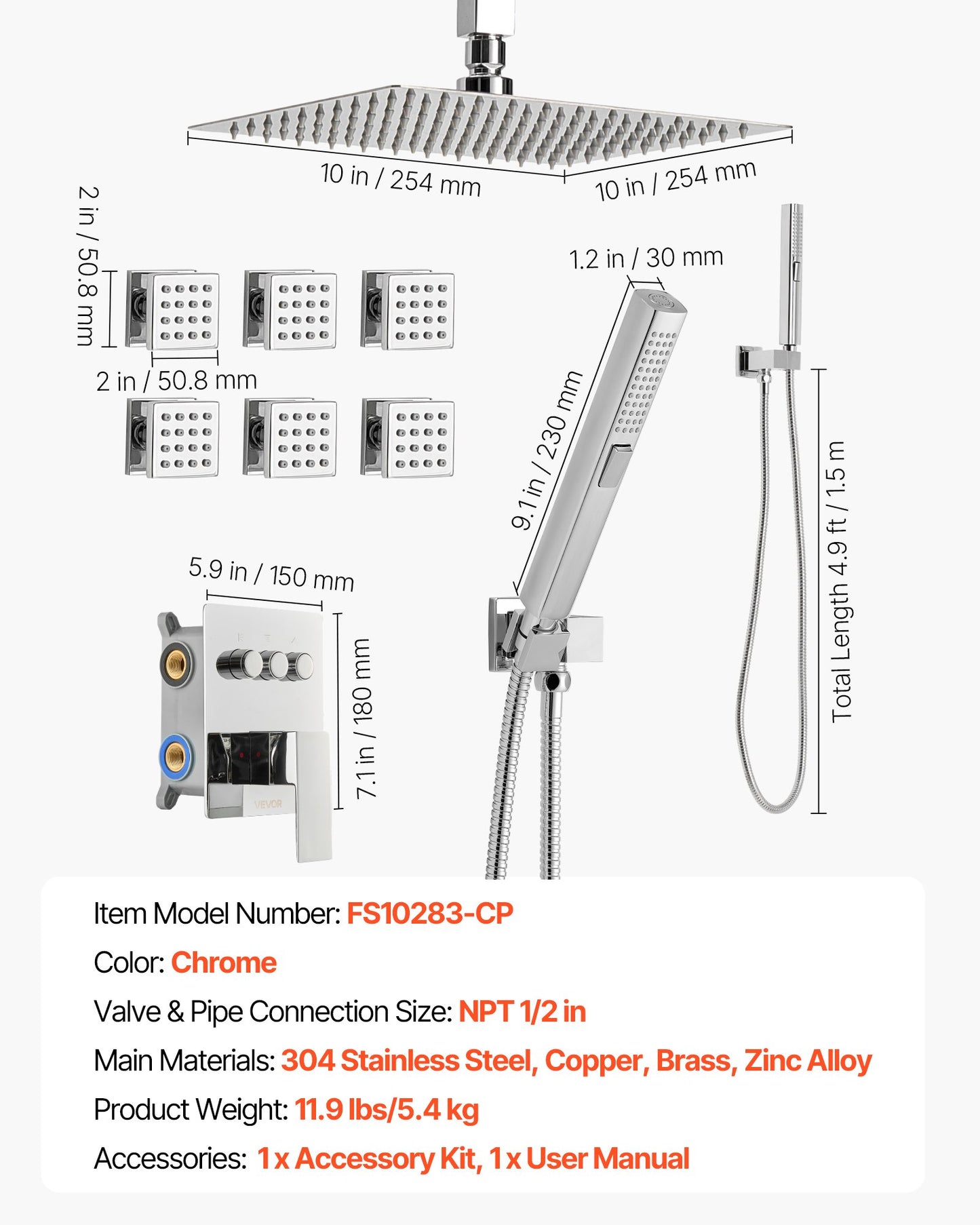Shower Faucet Set, 10 Inch Ceiling Mount Rainfall Shower System with 6 Body Jets and 2 in 1 Handheld Spray, Rotatable 3-Function Rain Head System Set, Complete Brass Valve and Trim Kit, Chrome