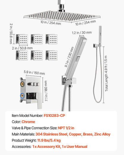 Shower Faucet Set, 10 Inch Ceiling Mount Rainfall Shower System with 6 Body Jets and 2 in 1 Handheld Spray, Rotatable 3-Function Rain Head System Set, Complete Brass Valve and Trim Kit, Chrome