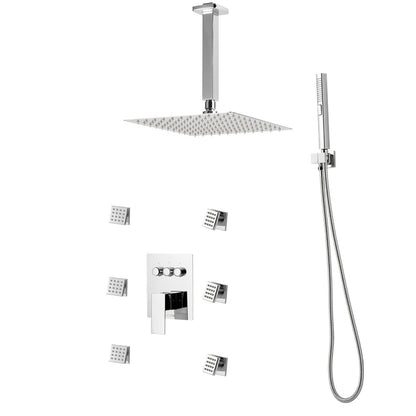 Shower Faucet Set, 10 Inch Ceiling Mount Rainfall Shower System with 6 Body Jets and 2 in 1 Handheld Spray, Rotatable 3-Function Rain Head System Set, Complete Brass Valve and Trim Kit, Chrome