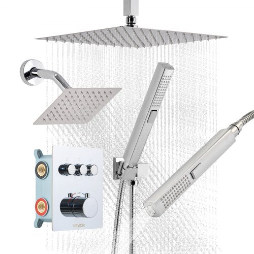 Shower Faucet Set, 12 Inch Thermostatic Ceiling Mount Rainfall Shower System with 6 Inch Wall Mount Head and 2 in 1 Handheld Spray, 3-Function Dual Rain Head Brass Valve and Trim Kit, Chrome