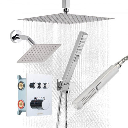 Shower Faucet Set, 12 Inch Thermostatic Ceiling Mount Rainfall Shower System with 6 Inch Wall Mount Head and 2 in 1 Handheld Spray, 3-Function Dual Rain Head Brass Valve and Trim Kit, Chrome