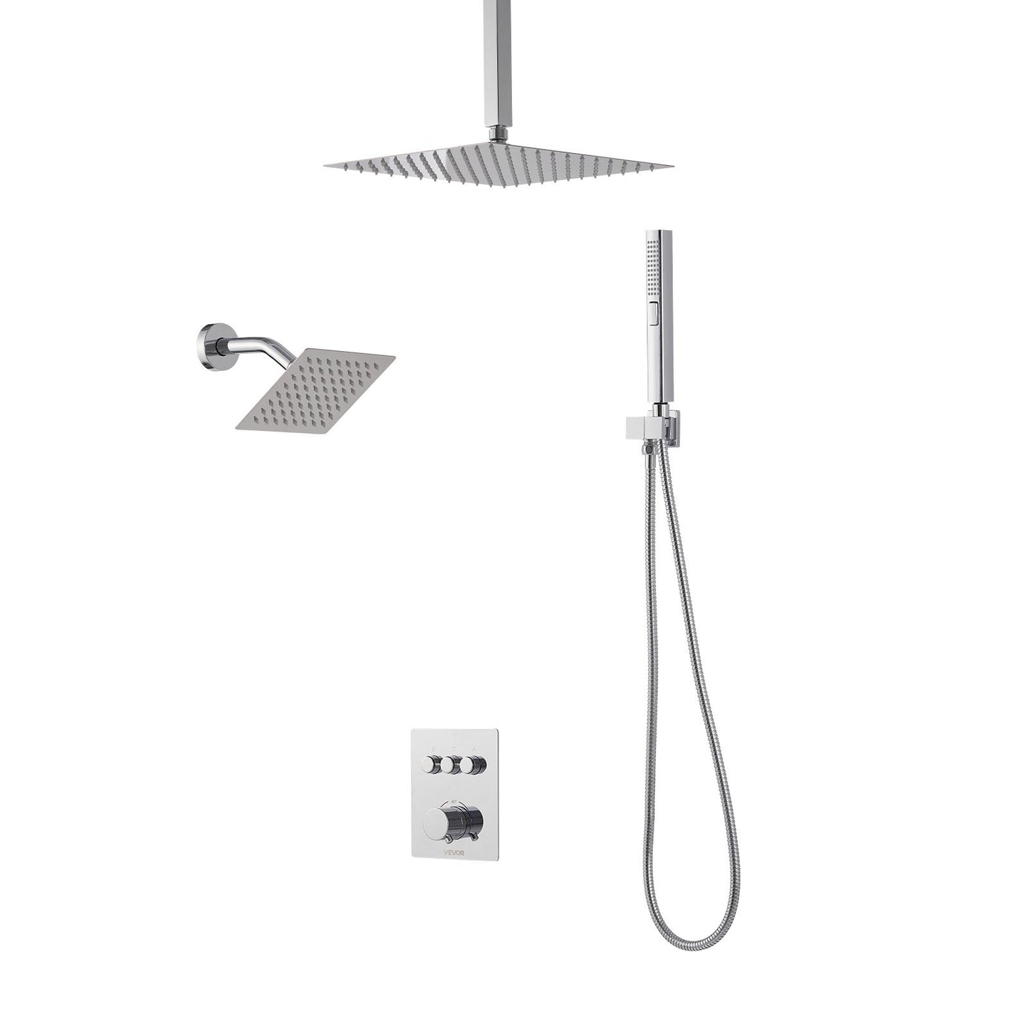Shower Faucet Set, 12 Inch Thermostatic Ceiling Mount Rainfall Shower System with 6 Inch Wall Mount Head and 2 in 1 Handheld Spray, 3-Function Dual Rain Head Brass Valve and Trim Kit, Chrome