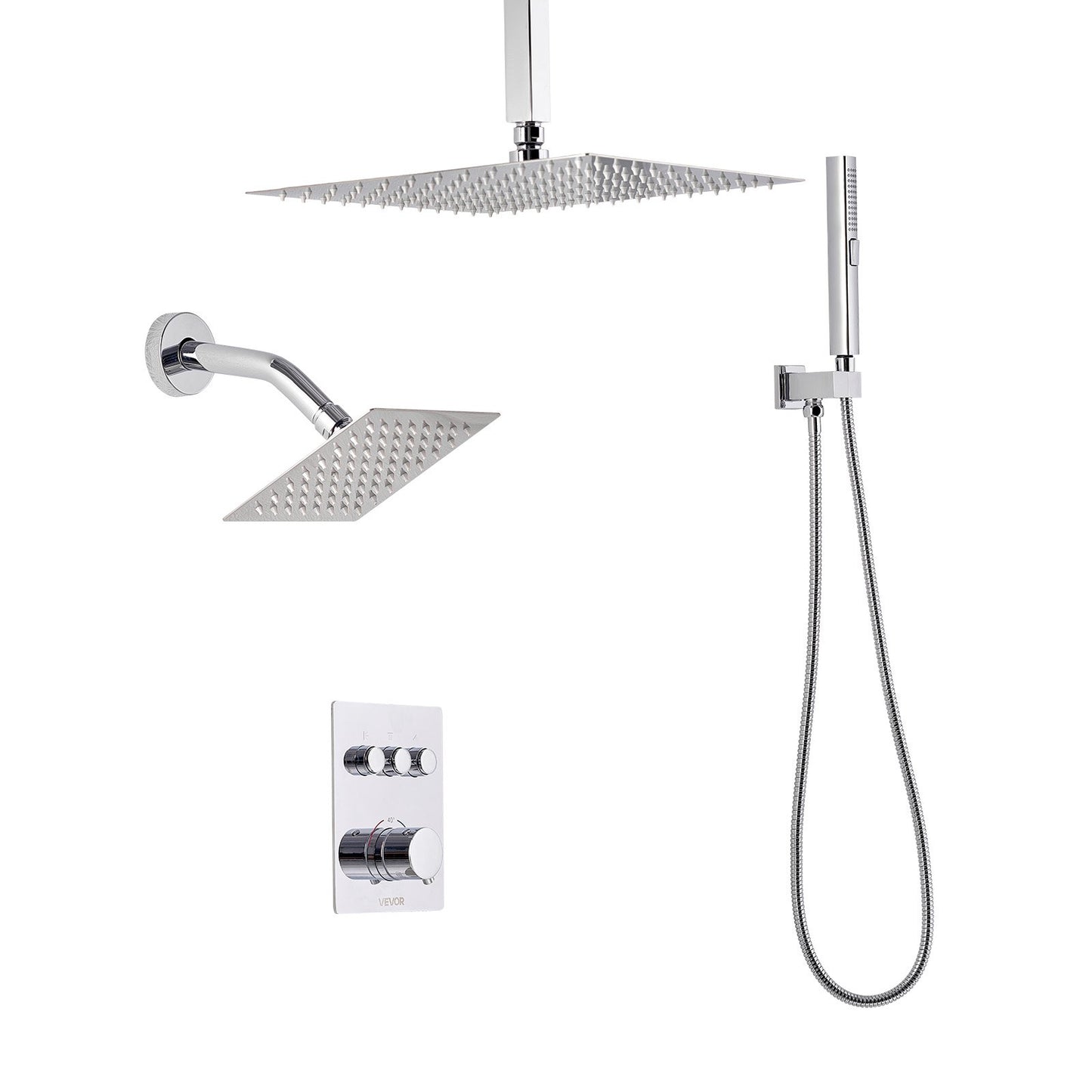Shower Faucet Set, 12 Inch Thermostatic Ceiling Mount Rainfall Shower System with 6 Inch Wall Mount Head and 2 in 1 Handheld Spray, 3-Function Dual Rain Head Brass Valve and Trim Kit, Chrome