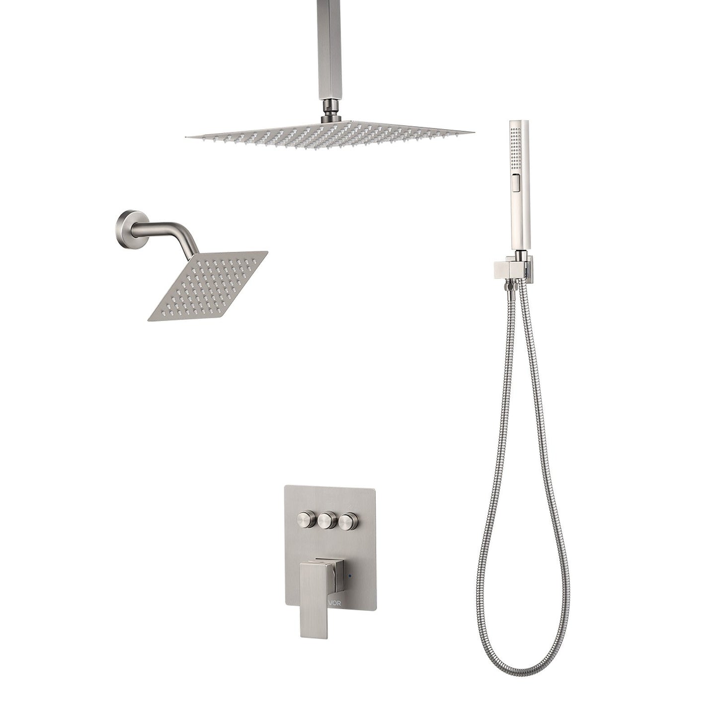 Shower Faucet Set, 10 Inch Ceiling Mount Rainfall Shower System with 6 Inch Wall Mount Head and 2 in 1 Handheld Spray, Rotatable 3-Function Dual Rain Head Brass Valve & Trim Kit, Brushed Nickel