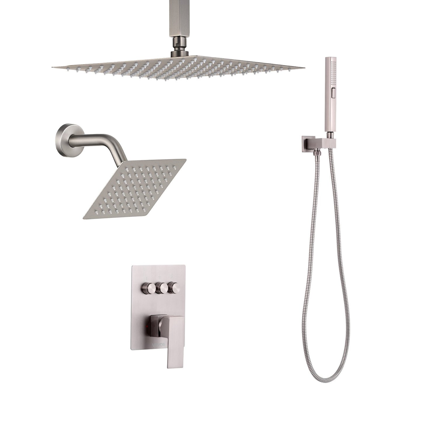 Shower Faucet Set, 10 Inch Ceiling Mount Rainfall Shower System with 6 Inch Wall Mount Head and 2 in 1 Handheld Spray, Rotatable 3-Function Dual Rain Head Brass Valve & Trim Kit, Brushed Nickel