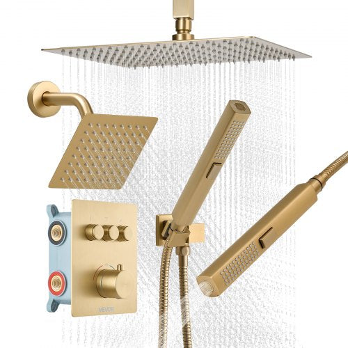 Shower Faucet Set, 12 Inch Thermostatic Ceiling Mount Rainfall Shower System with 6 Inch Wall Mount Head and 2 in 1 Handheld Spray, 3-Function Dual Rain Head Brass Valve Trim Kit, Brushed Gold
