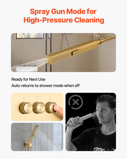 Shower Faucet Set, 12 Inch Thermostatic Ceiling Mount Rainfall Shower System with 6 Inch Wall Mount Head and 2 in 1 Handheld Spray, 3-Function Dual Rain Head Brass Valve Trim Kit, Brushed Gold