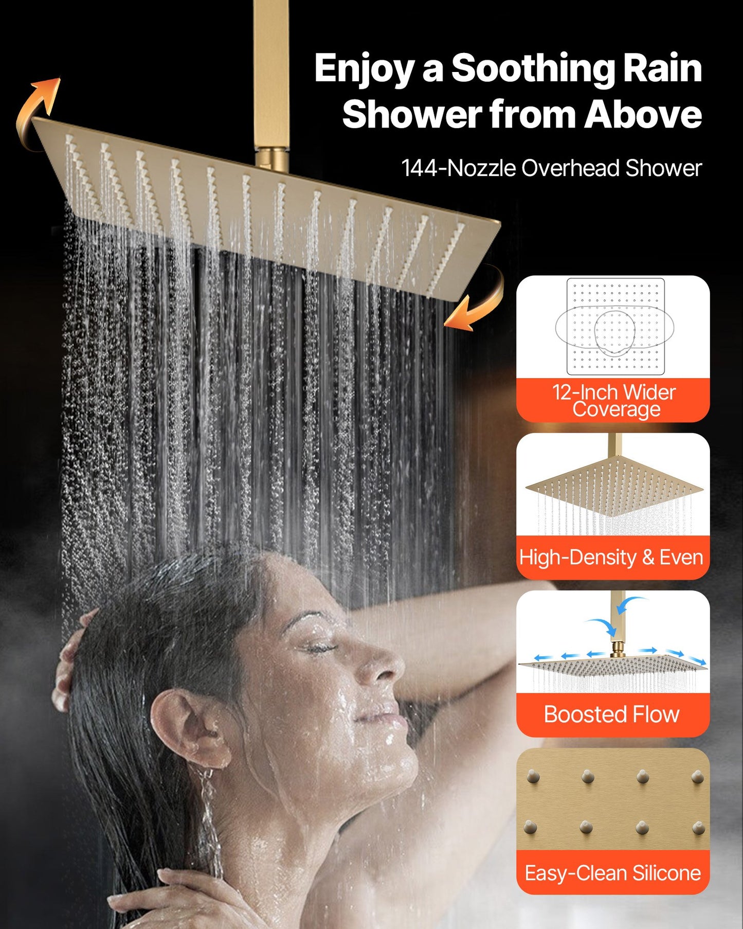 Shower Faucet Set, 12 Inch Thermostatic Ceiling Mount Rainfall Shower System with 6 Inch Wall Mount Head and 2 in 1 Handheld Spray, 3-Function Dual Rain Head Brass Valve Trim Kit, Brushed Gold