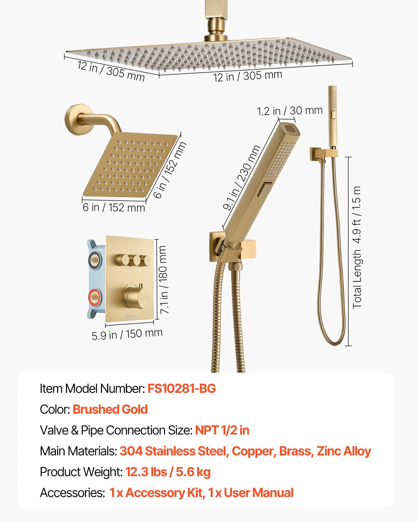 Shower Faucet Set, 12 Inch Thermostatic Ceiling Mount Rainfall Shower System with 6 Inch Wall Mount Head and 2 in 1 Handheld Spray, 3-Function Dual Rain Head Brass Valve Trim Kit, Brushed Gold