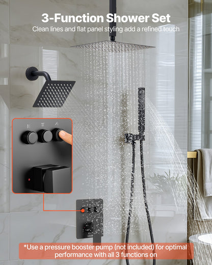 Shower Faucet Set, 10 Inch Ceiling Mount Rainfall Shower System with 6 Inch Wall Mount Head and 2 in 1 Handheld Spray, Rotatable 3-Function Dual Rain Head Brass Valve and Trim Kit, Matte Black