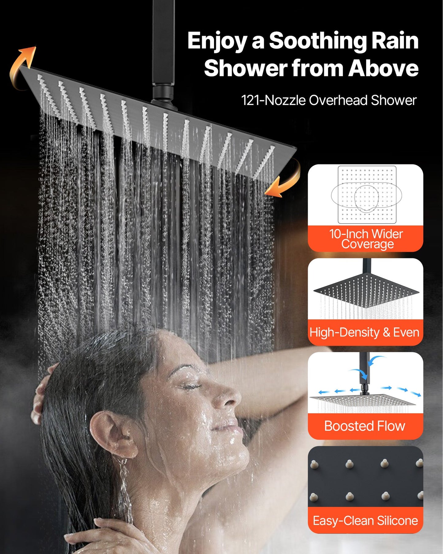 Shower Faucet Set, 10 Inch Ceiling Mount Rainfall Shower System with 6 Inch Wall Mount Head and 2 in 1 Handheld Spray, Rotatable 3-Function Dual Rain Head Brass Valve and Trim Kit, Matte Black
