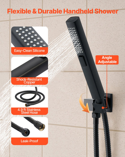 Shower Faucet Set, 10 Inch Ceiling Mount Rainfall Shower System with 6 Inch Wall Mount Head and 2 in 1 Handheld Spray, Rotatable 3-Function Dual Rain Head Brass Valve and Trim Kit, Matte Black