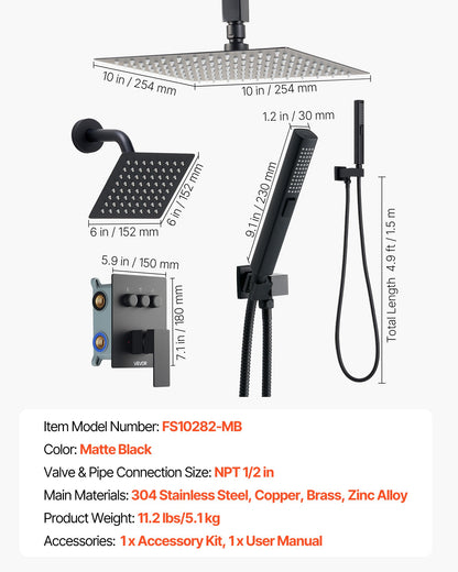 Shower Faucet Set, 10 Inch Ceiling Mount Rainfall Shower System with 6 Inch Wall Mount Head and 2 in 1 Handheld Spray, Rotatable 3-Function Dual Rain Head Brass Valve and Trim Kit, Matte Black