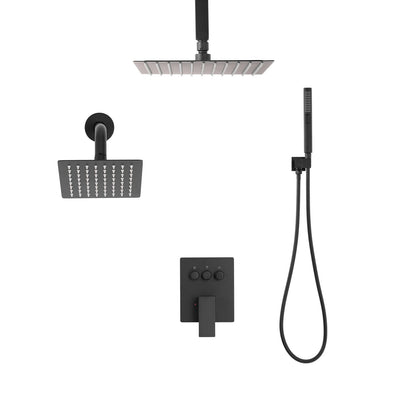 Shower Faucet Set, 10 Inch Ceiling Mount Rainfall Shower System with 6 Inch Wall Mount Head and 2 in 1 Handheld Spray, Rotatable 3-Function Dual Rain Head Brass Valve and Trim Kit, Matte Black