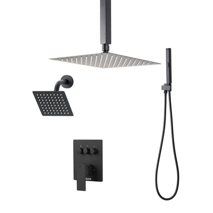 Shower Faucet Set, 10 Inch Ceiling Mount Rainfall Shower System with 6 Inch Wall Mount Head and 2 in 1 Handheld Spray, Rotatable 3-Function Dual Rain Head Brass Valve and Trim Kit, Matte Black