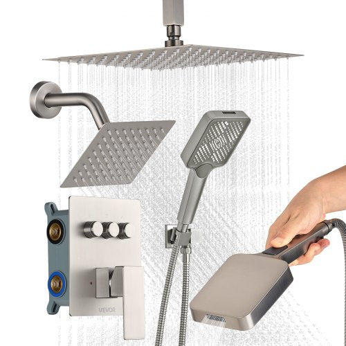 Shower Faucet Set, 12 Inch Ceiling Mount Rainfall Shower System with 6 Inch Wall Mount Head and 4 in 1 Handheld Spray, Rotatable 3-Function Dual Rain Head Brass Valve & Trim Kit, Brushed Nickel