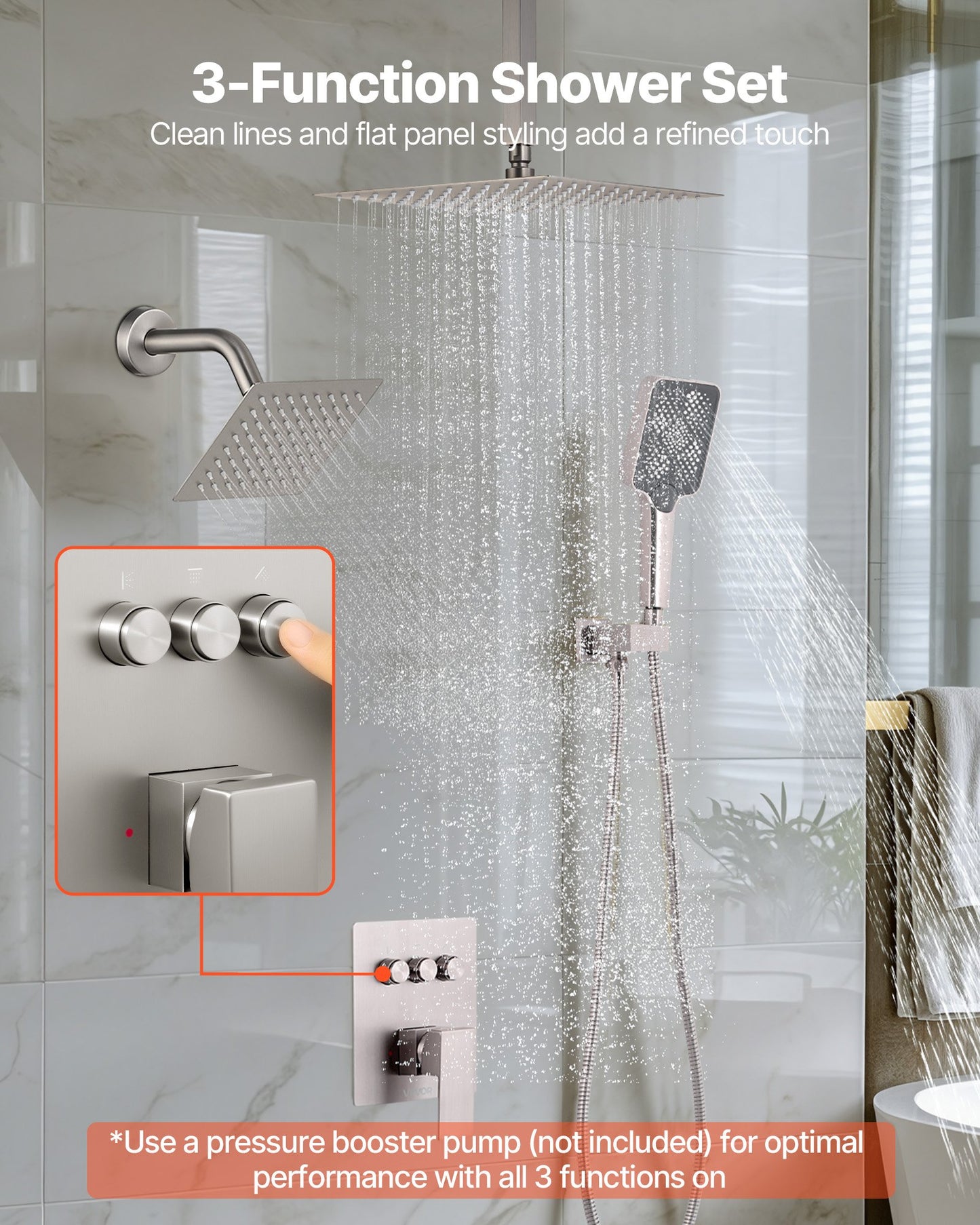 Shower Faucet Set, 12 Inch Ceiling Mount Rainfall Shower System with 6 Inch Wall Mount Head and 4 in 1 Handheld Spray, Rotatable 3-Function Dual Rain Head Brass Valve & Trim Kit, Brushed Nickel