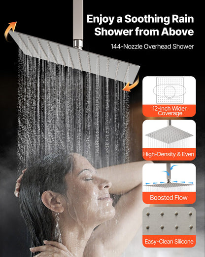 Shower Faucet Set, 12 Inch Ceiling Mount Rainfall Shower System with 6 Inch Wall Mount Head and 4 in 1 Handheld Spray, Rotatable 3-Function Dual Rain Head Brass Valve & Trim Kit, Brushed Nickel