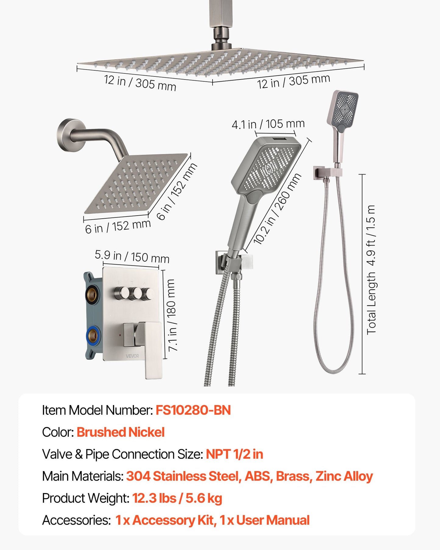 Shower Faucet Set, 12 Inch Ceiling Mount Rainfall Shower System with 6 Inch Wall Mount Head and 4 in 1 Handheld Spray, Rotatable 3-Function Dual Rain Head Brass Valve & Trim Kit, Brushed Nickel