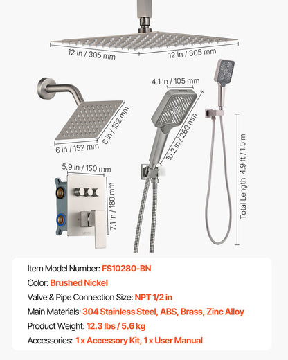 Shower Faucet Set, 12 Inch Ceiling Mount Rainfall Shower System with 6 Inch Wall Mount Head and 4 in 1 Handheld Spray, Rotatable 3-Function Dual Rain Head Brass Valve & Trim Kit, Brushed Nickel