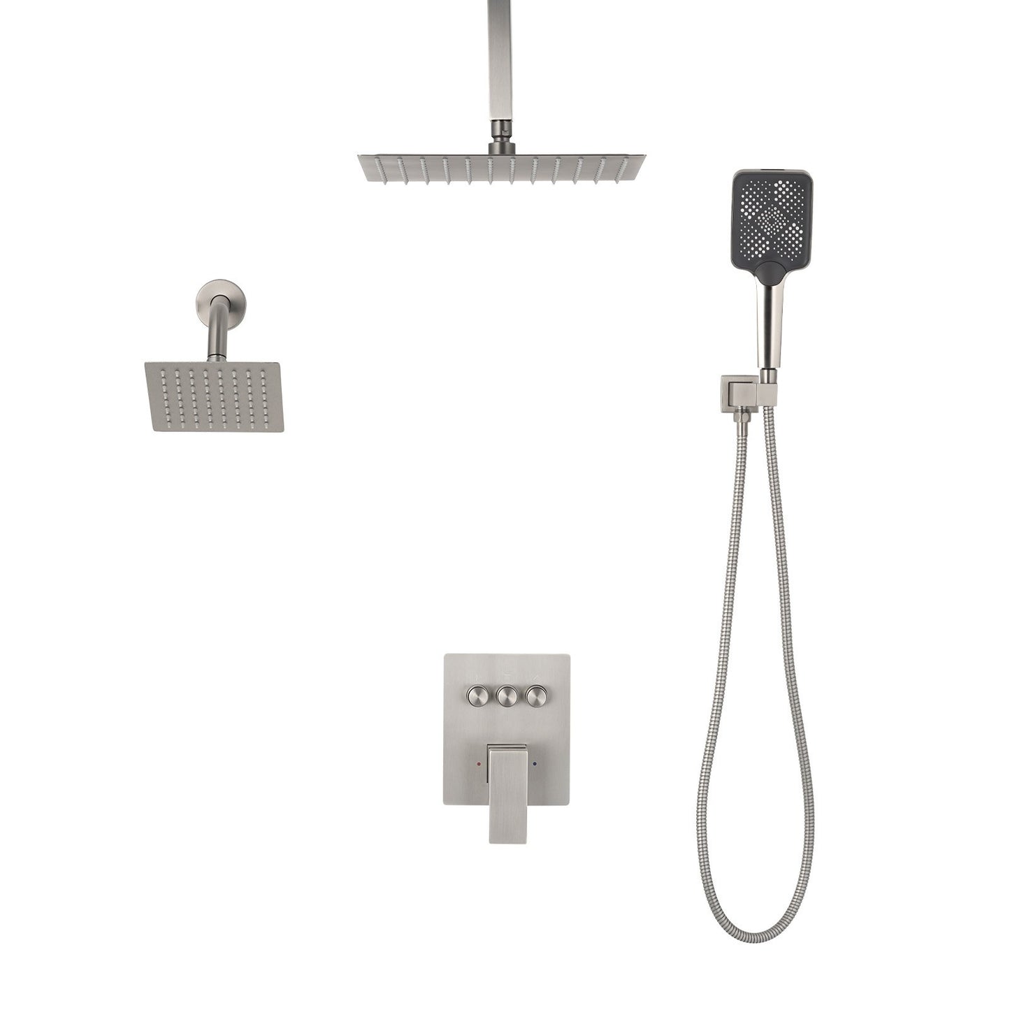 Shower Faucet Set, 12 Inch Ceiling Mount Rainfall Shower System with 6 Inch Wall Mount Head and 4 in 1 Handheld Spray, Rotatable 3-Function Dual Rain Head Brass Valve & Trim Kit, Brushed Nickel