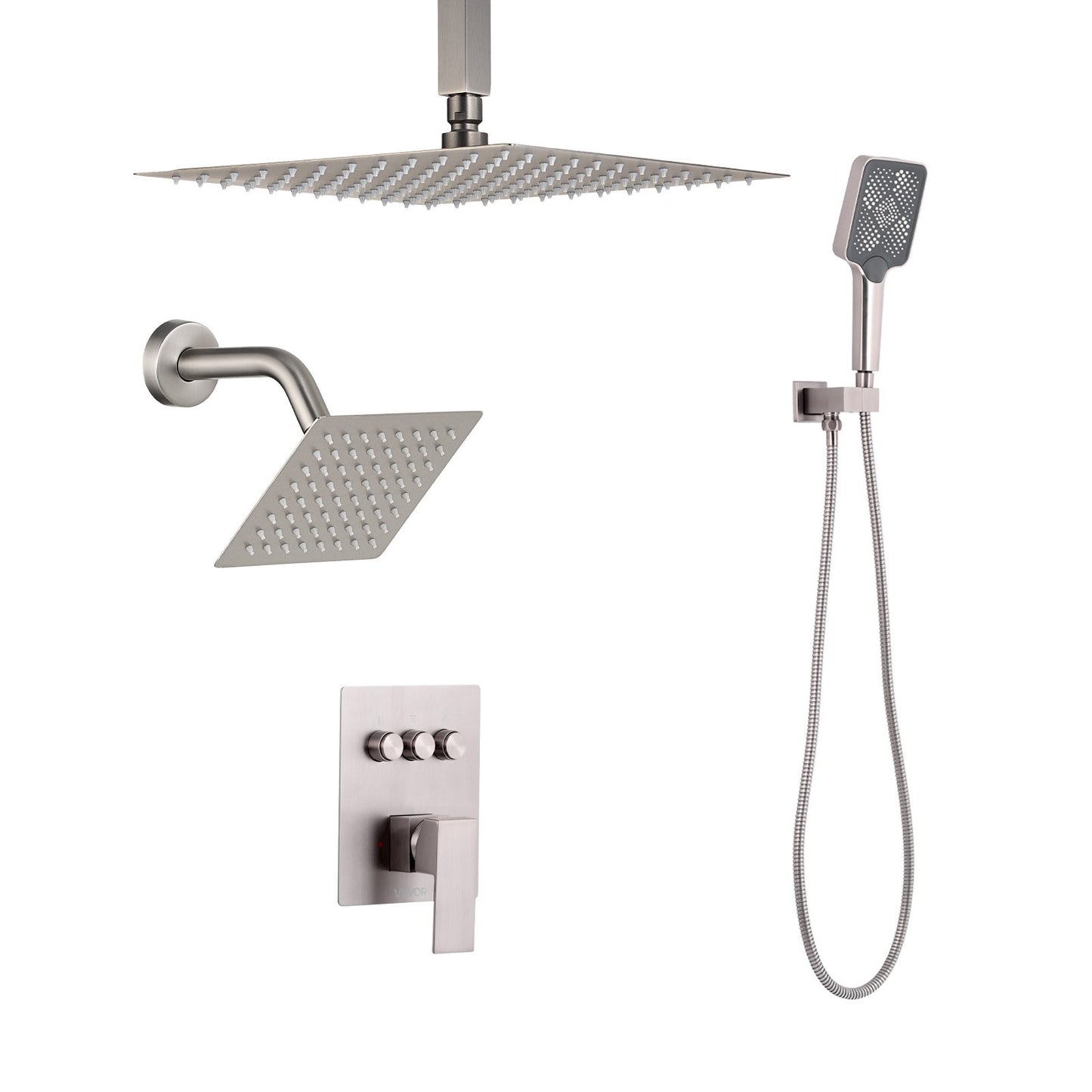 Shower Faucet Set, 12 Inch Ceiling Mount Rainfall Shower System with 6 Inch Wall Mount Head and 4 in 1 Handheld Spray, Rotatable 3-Function Dual Rain Head Brass Valve & Trim Kit, Brushed Nickel