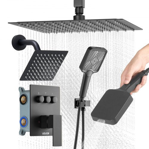 Shower Faucet Set, 12 Inch Ceiling Mount Rainfall Shower System with 6 Inch Wall Mount Head and 4 in 1 Handheld Spray, Rotatable 3-Function Dual Rain Head Brass Valve and Trim Kit, Matte Black