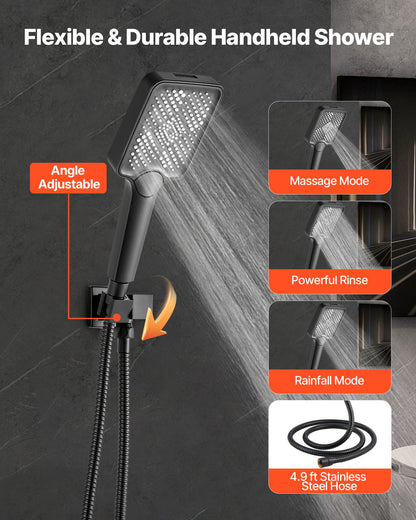 Shower Faucet Set, 12 Inch Ceiling Mount Rainfall Shower System with 6 Inch Wall Mount Head and 4 in 1 Handheld Spray, Rotatable 3-Function Dual Rain Head Brass Valve and Trim Kit, Matte Black