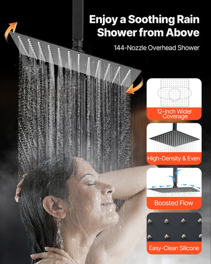 Shower Faucet Set, 12 Inch Ceiling Mount Rainfall Shower System with 6 Inch Wall Mount Head and 4 in 1 Handheld Spray, Rotatable 3-Function Dual Rain Head Brass Valve and Trim Kit, Matte Black