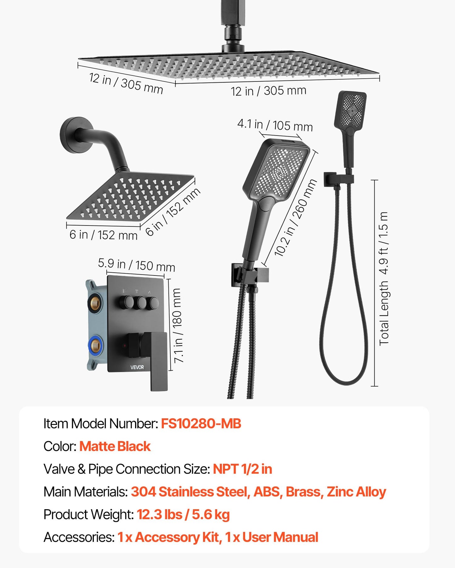 Shower Faucet Set, 12 Inch Ceiling Mount Rainfall Shower System with 6 Inch Wall Mount Head and 4 in 1 Handheld Spray, Rotatable 3-Function Dual Rain Head Brass Valve and Trim Kit, Matte Black