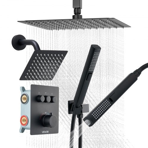 Shower Faucet Set, 12 Inch Thermostatic Ceiling Mount Rainfall Shower System with 6 Inch Wall Mount Head and 2 in 1 Handheld Spray, 3-Function Dual Rain Head Brass Valve & Trim Kit, Matte Black