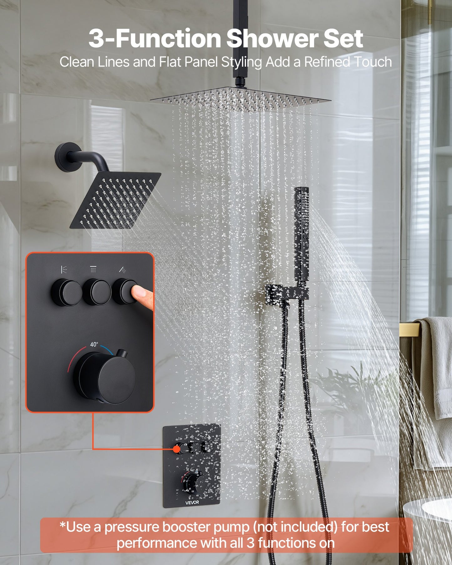 Shower Faucet Set, 12 Inch Thermostatic Ceiling Mount Rainfall Shower System with 6 Inch Wall Mount Head and 2 in 1 Handheld Spray, 3-Function Dual Rain Head Brass Valve & Trim Kit, Matte Black