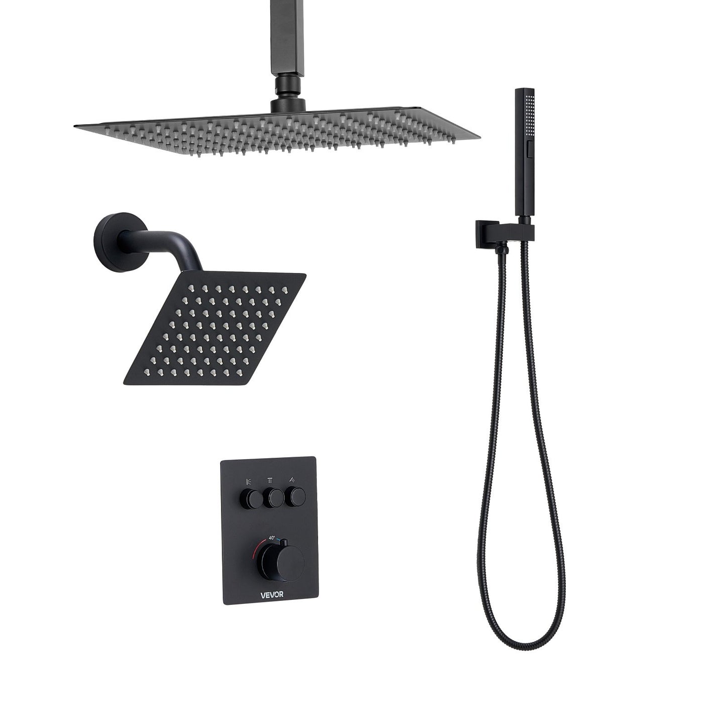 Shower Faucet Set, 12 Inch Thermostatic Ceiling Mount Rainfall Shower System with 6 Inch Wall Mount Head and 2 in 1 Handheld Spray, 3-Function Dual Rain Head Brass Valve & Trim Kit, Matte Black