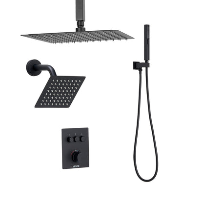 Shower Faucet Set, 12 Inch Thermostatic Ceiling Mount Rainfall Shower System with 6 Inch Wall Mount Head and 2 in 1 Handheld Spray, 3-Function Dual Rain Head Brass Valve & Trim Kit, Matte Black