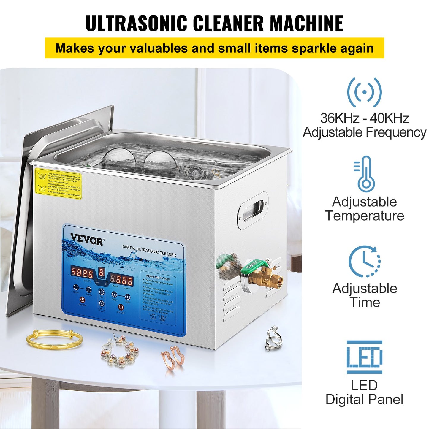 Ultrasonic Cleaner, 36KHz~40KHz Adjustable Frequency, 15L 220V, Ultrasonic Cleaning Machine with Digital Timer and Heater, Lab Sonic Cleaner for Jewelry Watch Glasses Coins, FCC/CE/RoHS Listed