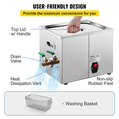 Ultrasonic Cleaner, 36KHz~40KHz Adjustable Frequency, 15L 220V, Ultrasonic Cleaning Machine with Digital Timer and Heater, Lab Sonic Cleaner for Jewelry Watch Glasses Coins, FCC/CE/RoHS Listed