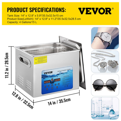 Ultrasonic Cleaner, 36KHz~40KHz Adjustable Frequency, 15L 220V, Ultrasonic Cleaning Machine with Digital Timer and Heater, Lab Sonic Cleaner for Jewelry Watch Glasses Coins, FCC/CE/RoHS Listed