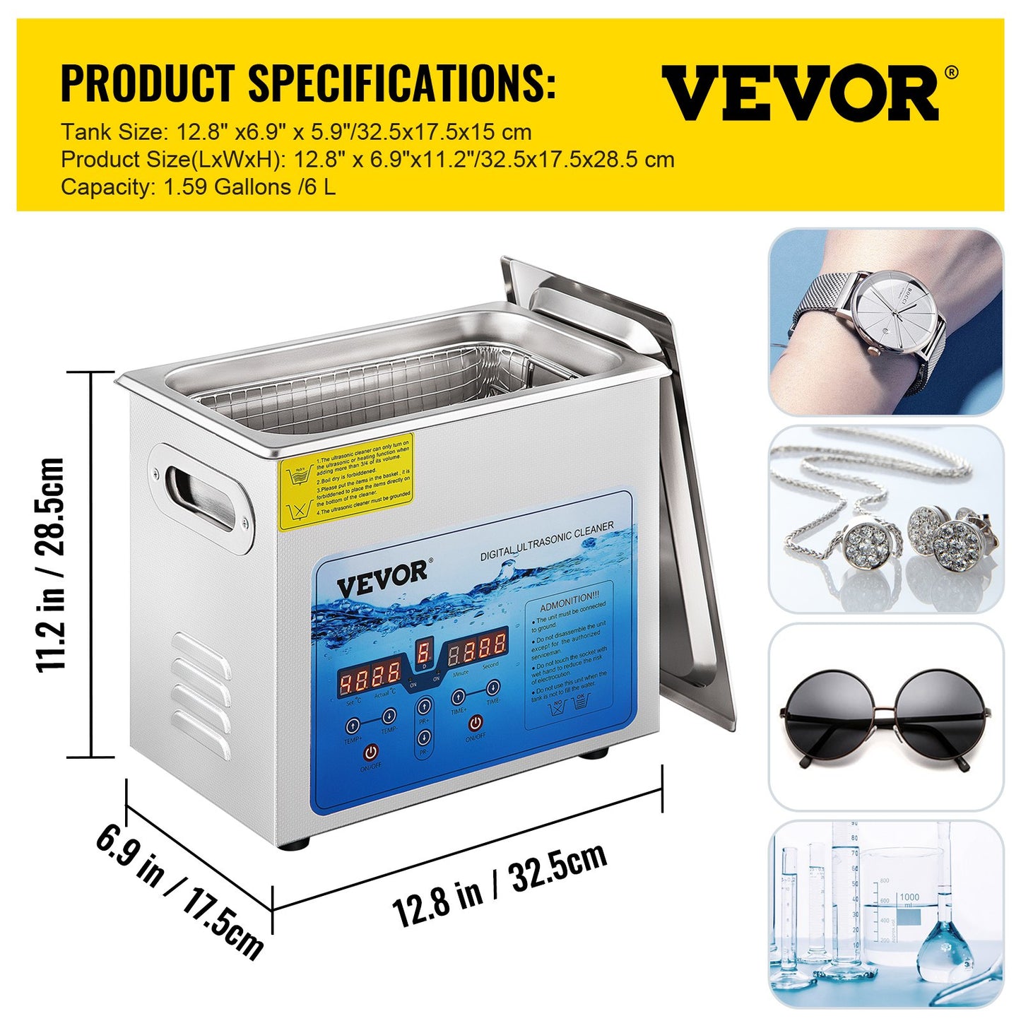 Ultrasonic Cleaner, 36KHz~40KHz Adjustable Frequency, 6L 220V, Ultrasonic Cleaning Machine with Digital Timer and Heater, Lab Sonic Cleaner for Jewelry Watch Glasses Coins, FCC/CE/RoHS Listed