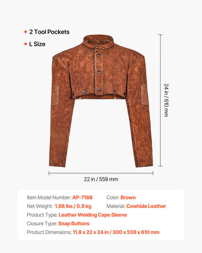 Leather Welding Cape Sleeve, Heavy Duty Flame Resistant Cowhide Safety Cape Sleeves for Men Women, Heat-Resistant for Welding, Blacksmithing, Woodworking, Gardening, L-Size