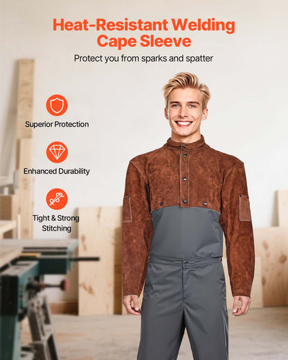 Leather Welding Cape Sleeve, Heavy Duty Flame Resistant Cowhide Safety Cape Sleeves for Men Women, Heat-Resistant for Welding, Blacksmithing, Woodworking, Gardening, M-Size
