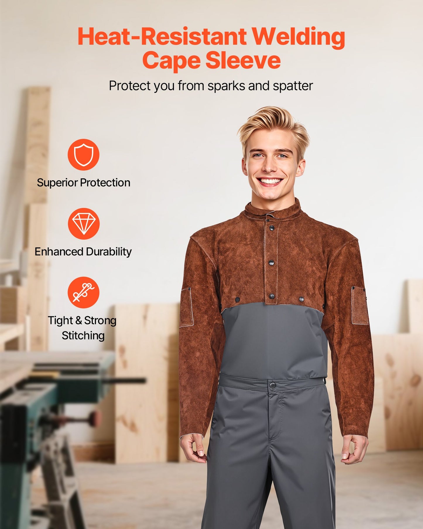 Leather Welding Cape Sleeve, Heavy Duty Flame Resistant Cowhide Safety Cape Sleeves for Men Women, Heat-Resistant for Welding, Blacksmithing, Woodworking, Gardening, XL-Size